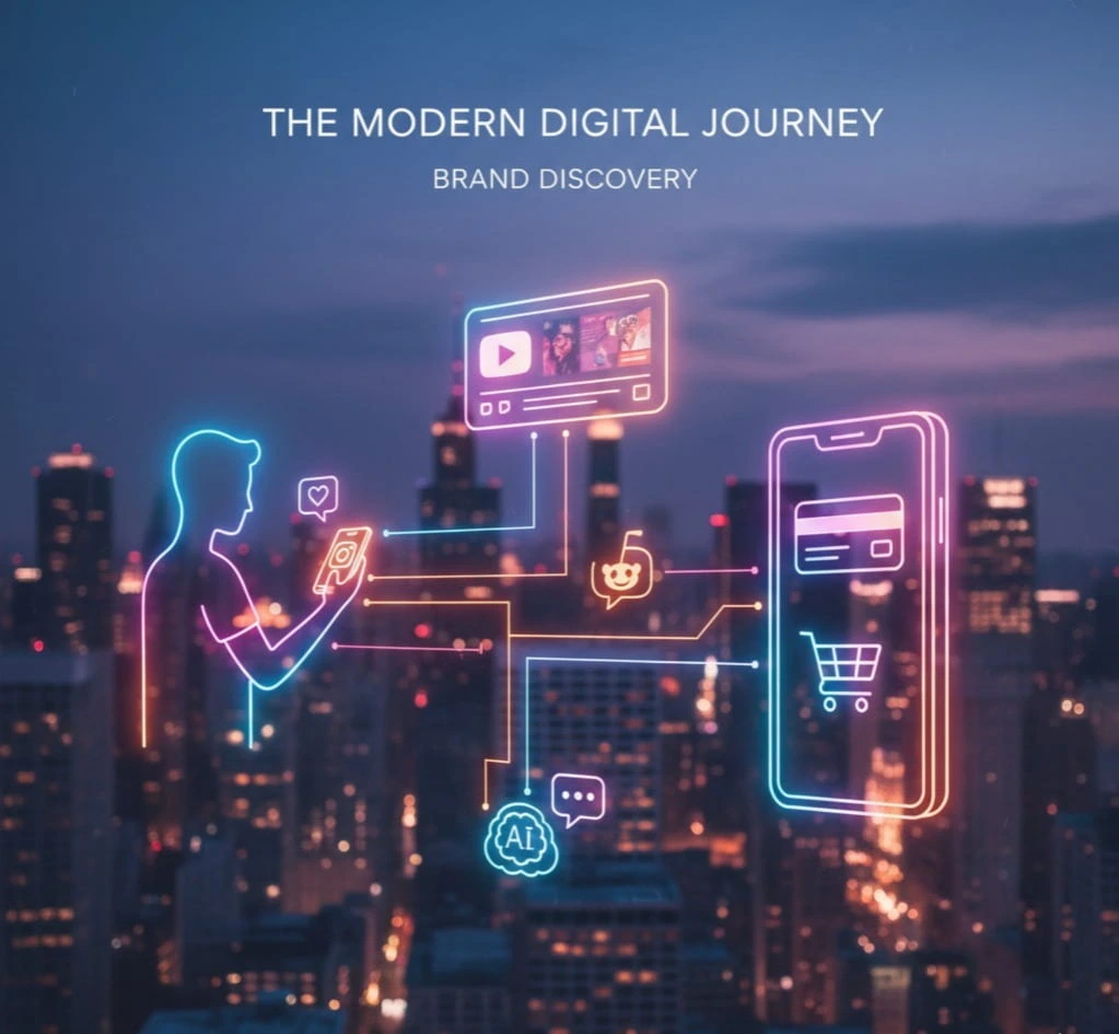 A creative digital image representing search everywhere optimization, featuring a real city background at dusk with illustrated elements showing a user discovering a brand across Instagram, YouTube, Reddit, an AI assistant, and a mobile app. Soft glowing lines connect each platform, creating a modern digital marketing visual.