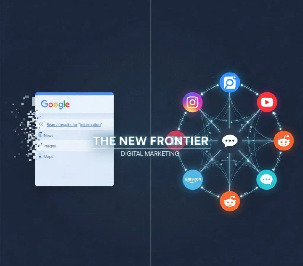 A modern digital illustration comparing Google SEO with search everywhere optimization, showing Google search results fading on one side and multiple platforms like Instagram, YouTube, TikTok, Amazon, Reddit, and AI tools glowing and connected on the other.